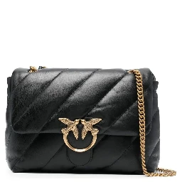 Love Puff Black Crossbody Bag with Love Birds Diamond Cut Logo on the Front in Leather Woman