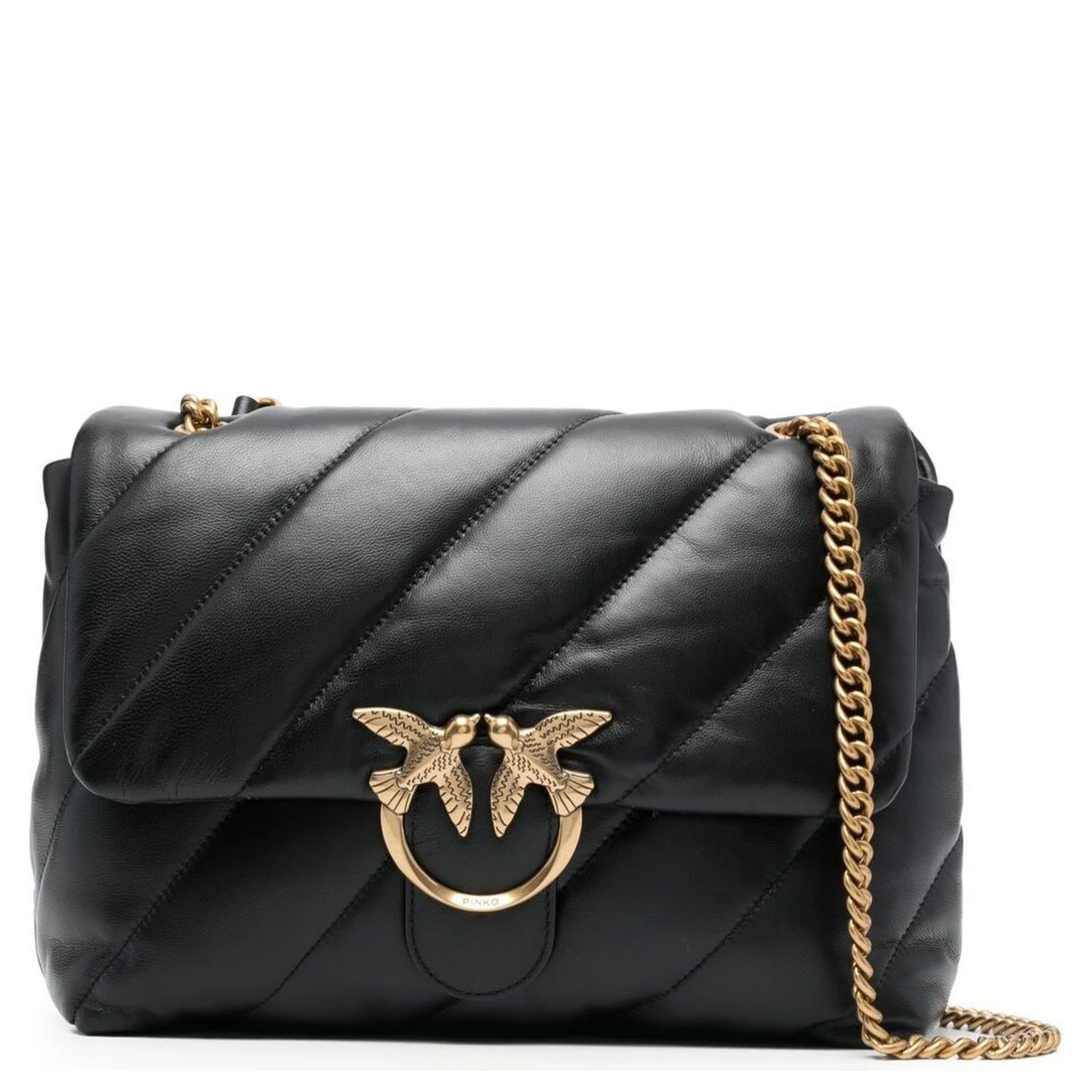 Love Puff Black Crossbody Bag with Love Birds Diamond Cut Logo on the Front in Leather Woman