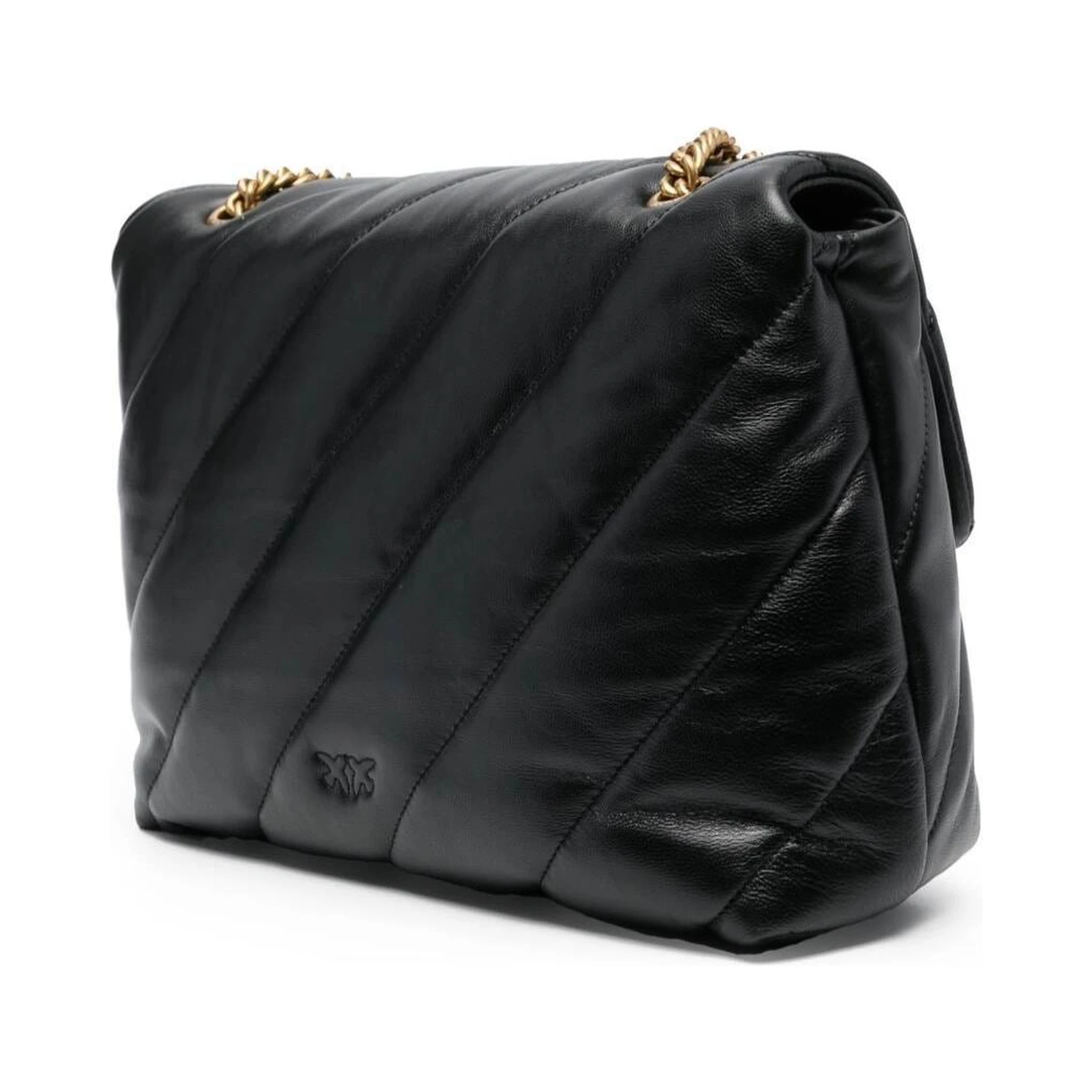Love Puff Black Crossbody Bag with Love Birds Diamond Cut Logo on the Front in Leather Woman