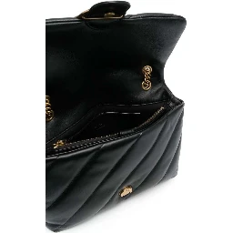 Love Puff Black Crossbody Bag with Love Birds Diamond Cut Logo on the Front in Leather Woman