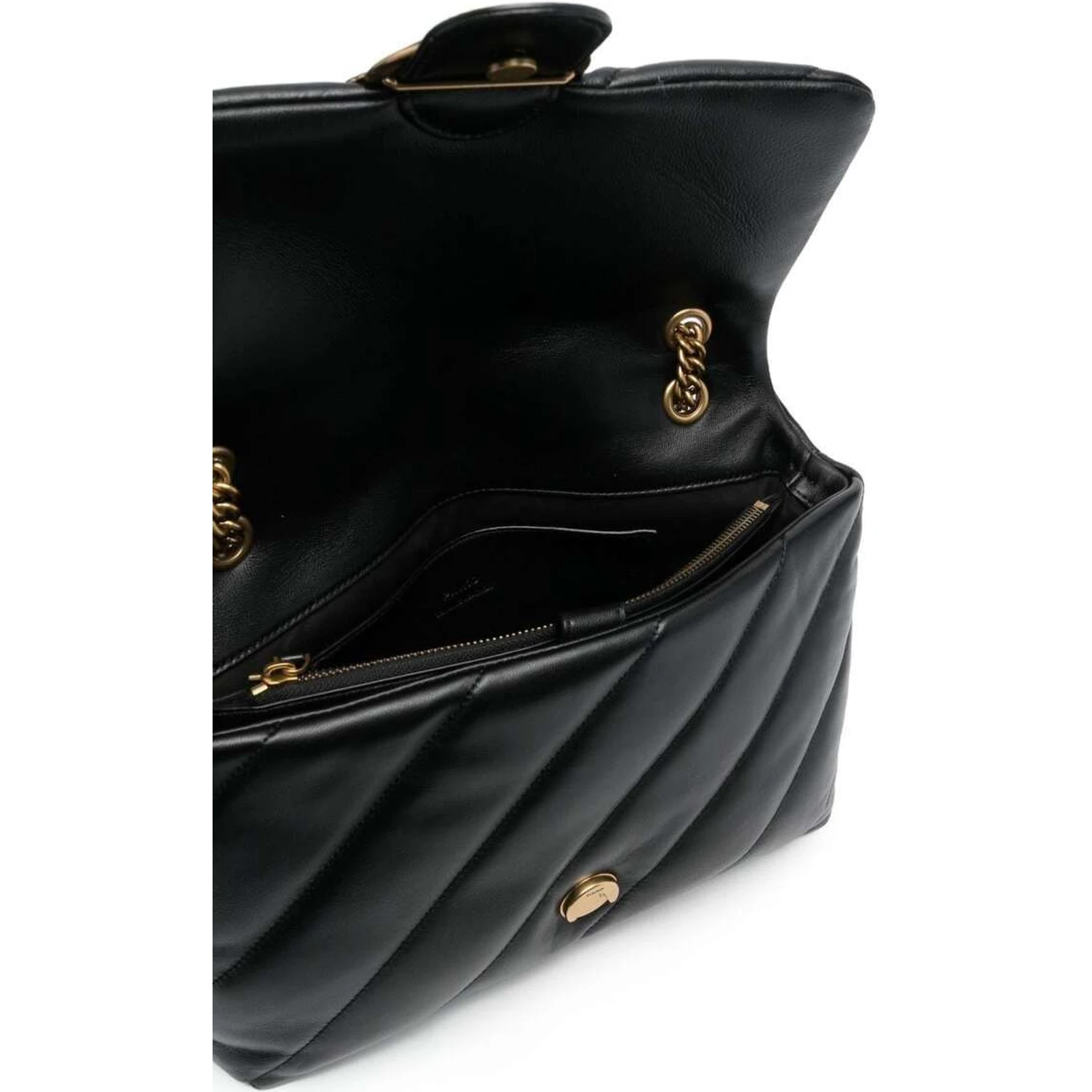 Love Puff Black Crossbody Bag with Love Birds Diamond Cut Logo on the Front in Leather Woman