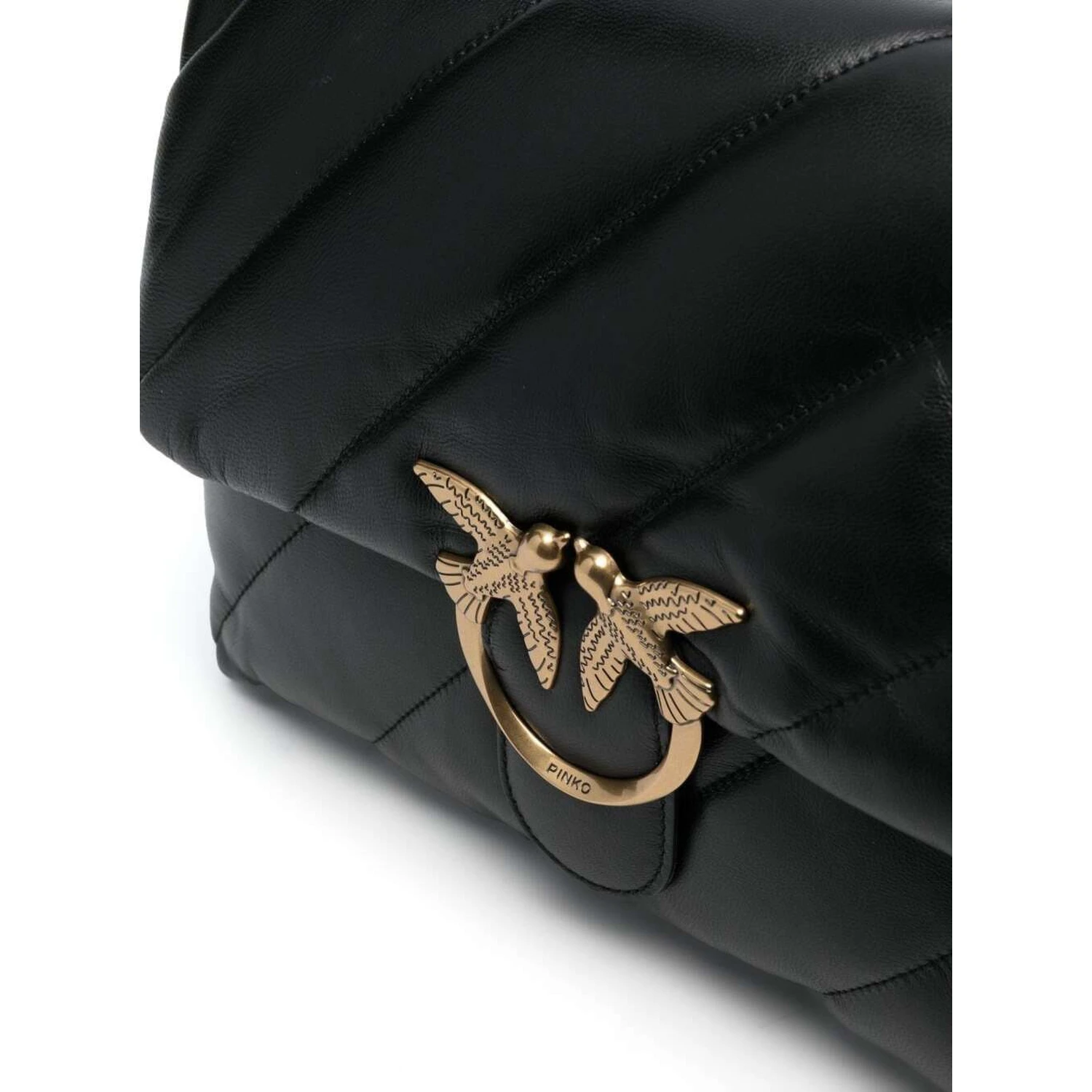 Love Puff Black Crossbody Bag with Love Birds Diamond Cut Logo on the Front in Leather Woman