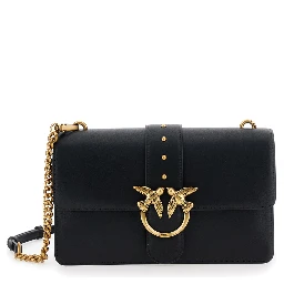 Love One Classic Black Crossbody Bag with Studded Strap and Love Birds Diamond Cut Plaque on the Front in Leather Woman