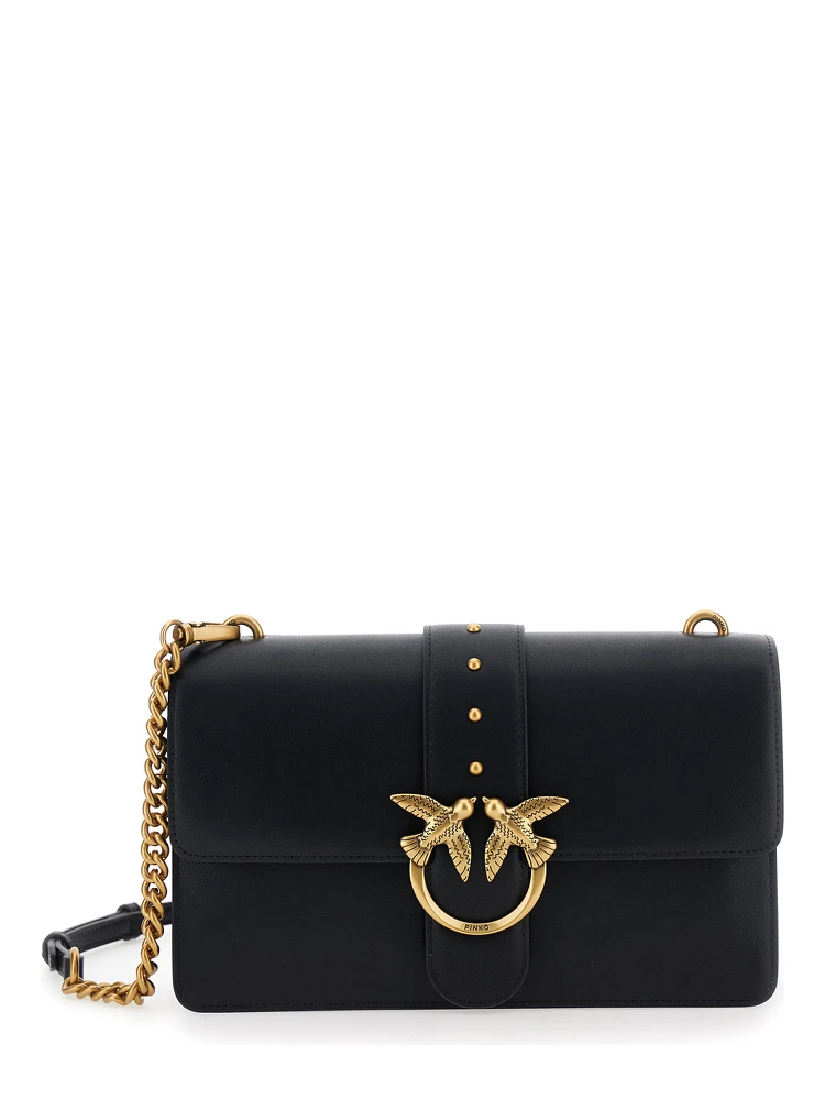 Love One Classic Black Crossbody Bag with Studded Strap and Love Birds Diamond Cut Plaque on the Front in Leather Woman