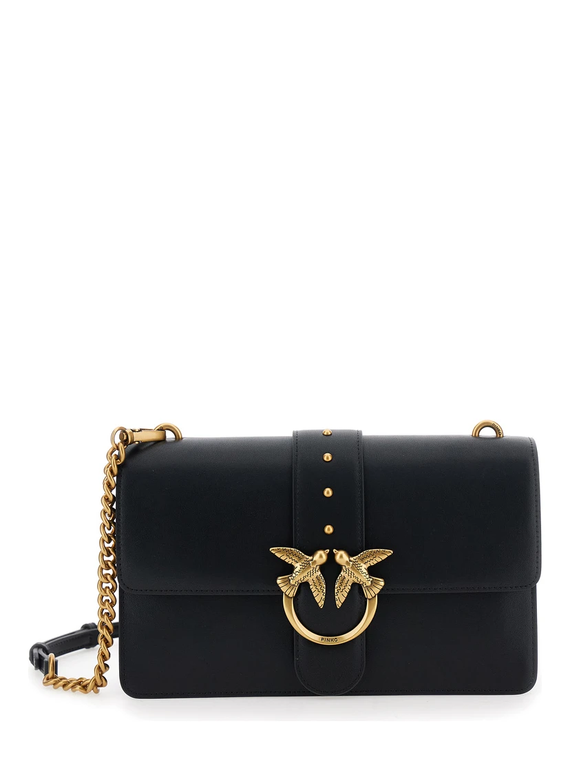 Love One Classic Black Crossbody Bag with Studded Strap and Love Birds Diamond Cut Plaque on the Front in Leather Woman