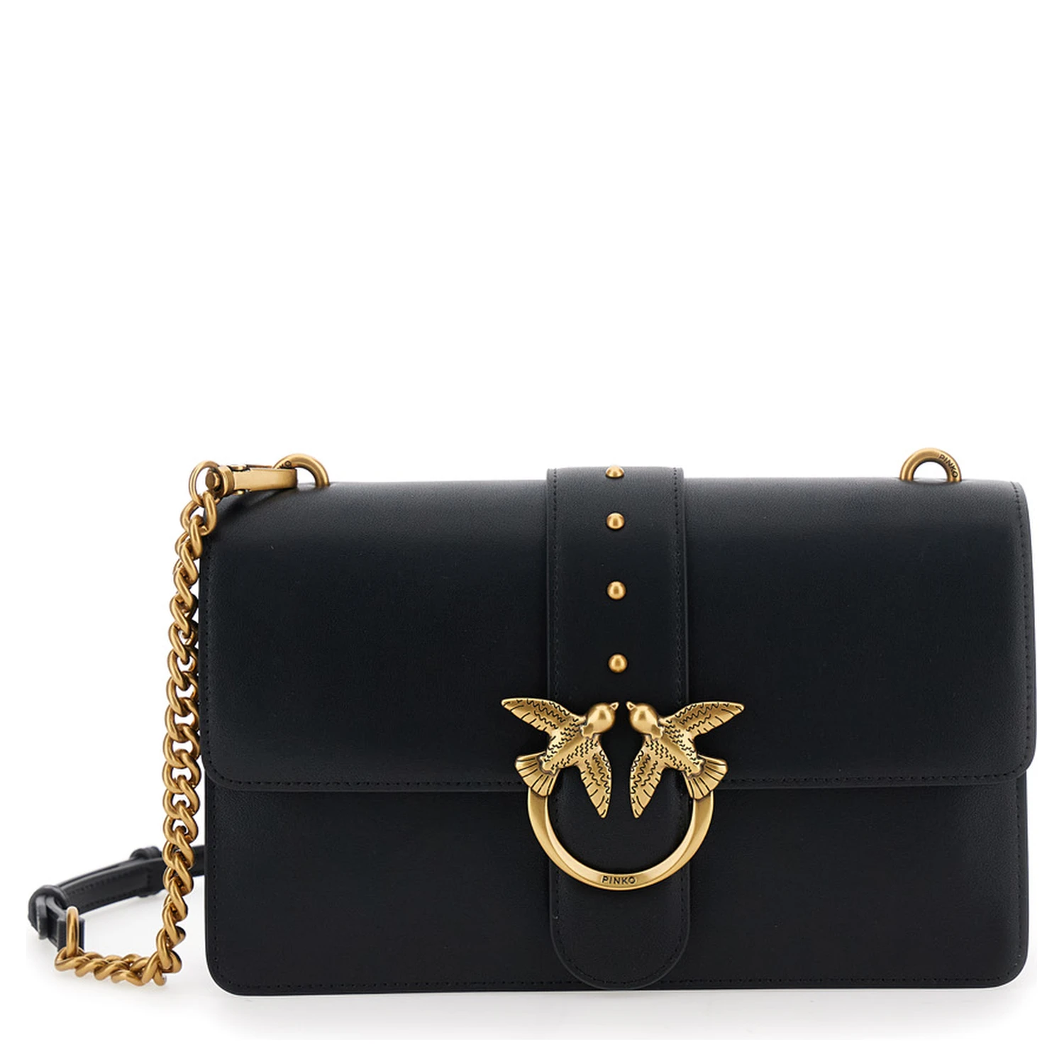 Love One Classic Black Crossbody Bag with Studded Strap and Love Birds Diamond Cut Plaque on the Front in Leather Woman