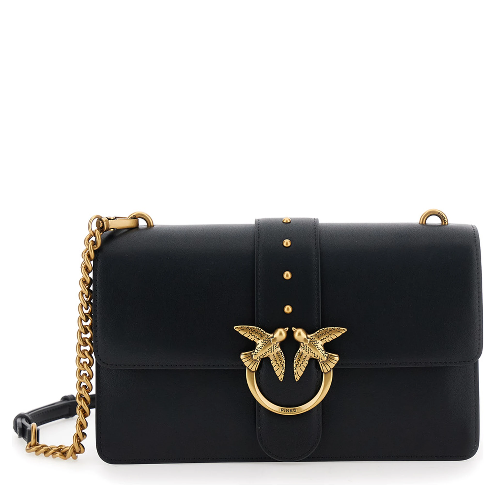 Love One Classic Black Crossbody Bag with Studded Strap and Love Birds Diamond Cut Plaque on the Front in Leather Woman