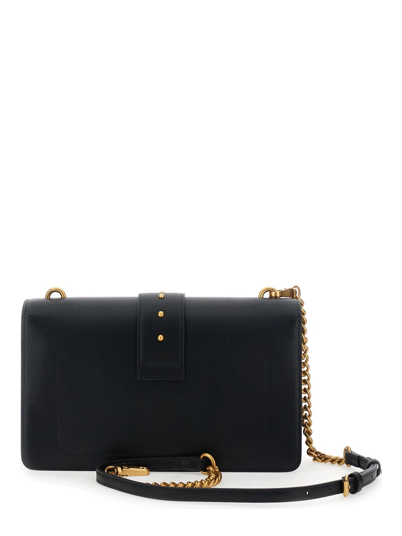 Love One Classic Black Crossbody Bag with Studded Strap and Love Birds Diamond Cut Plaque on the Front in Leather Woman