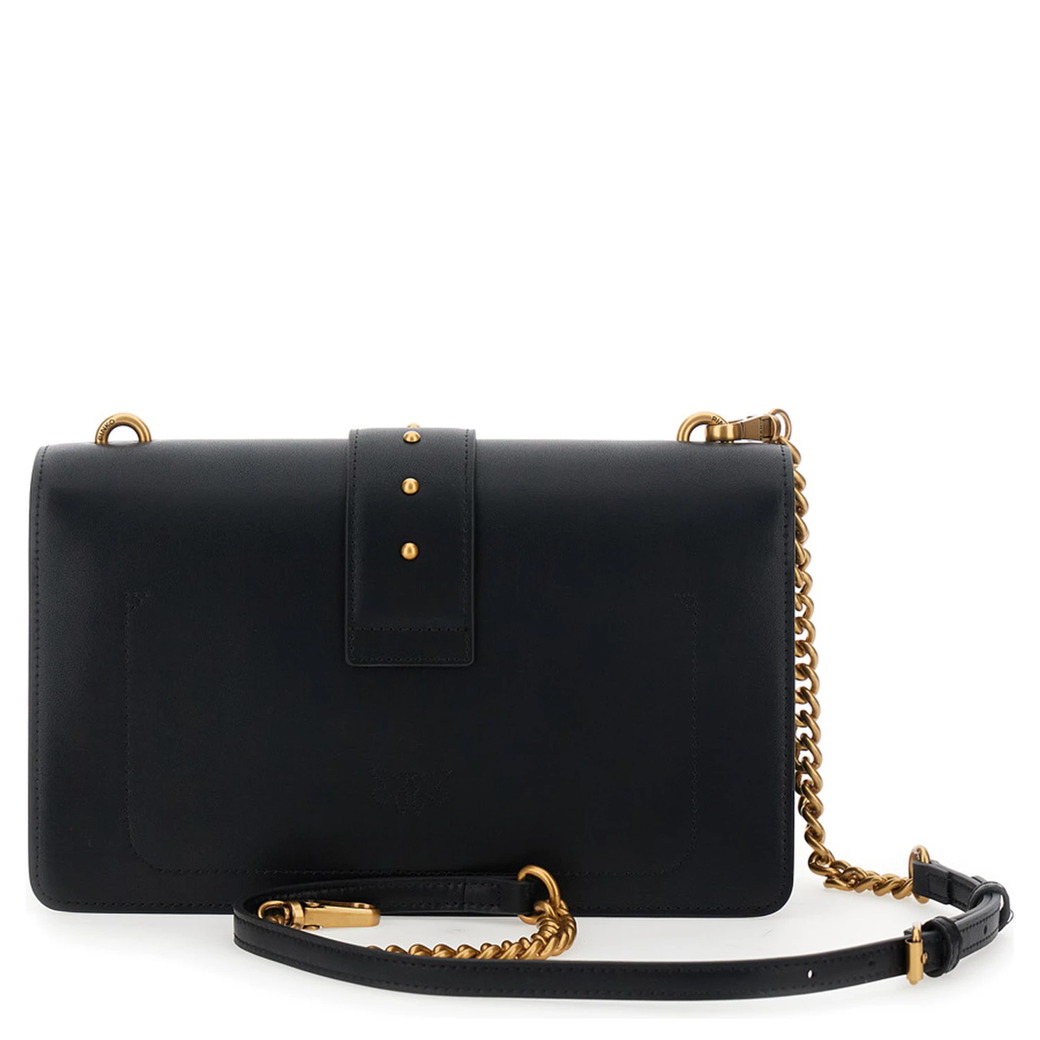 Love One Classic Black Crossbody Bag with Studded Strap and Love Birds Diamond Cut Plaque on the Front in Leather Woman
