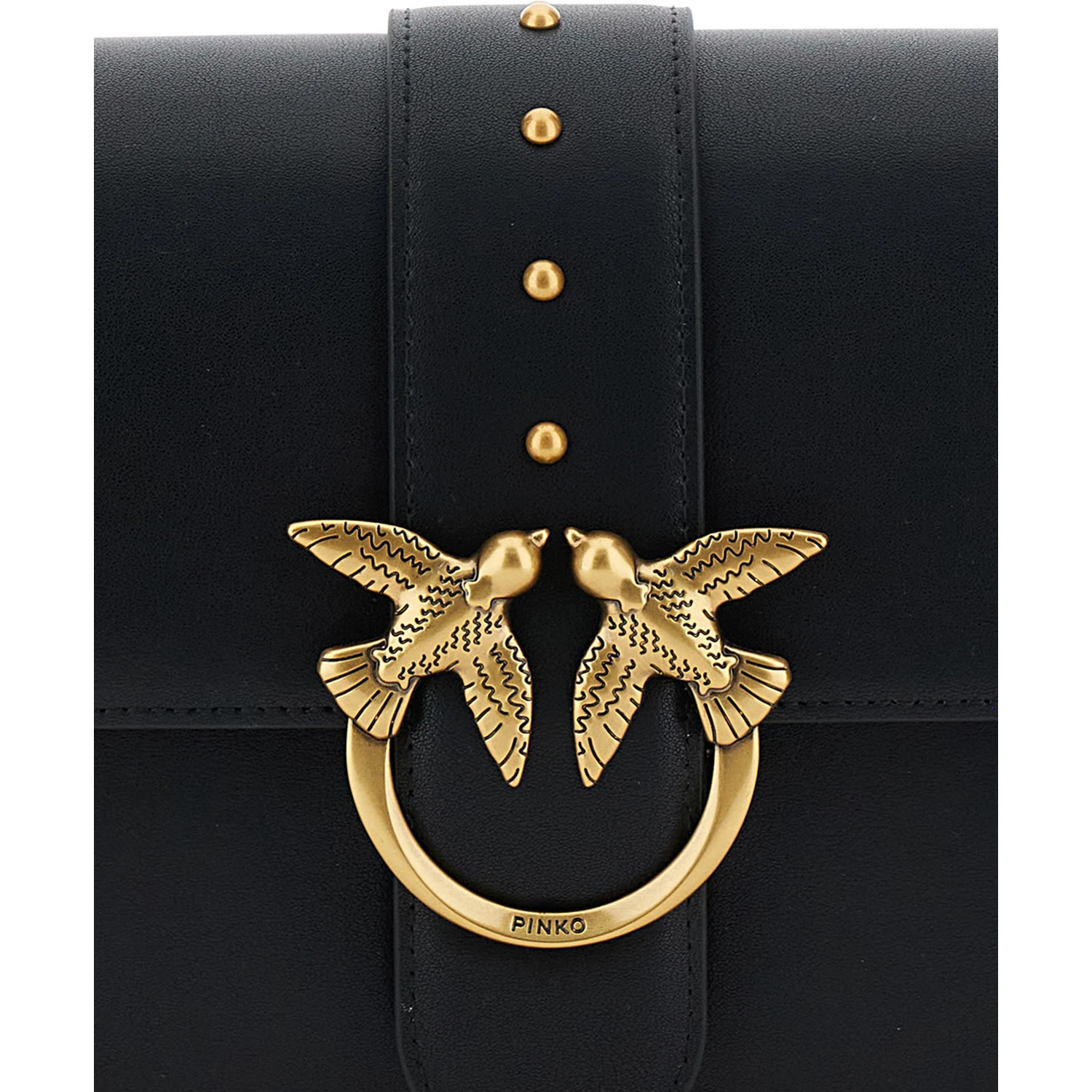 Love One Classic Black Crossbody Bag with Studded Strap and Love Birds Diamond Cut Plaque on the Front in Leather Woman