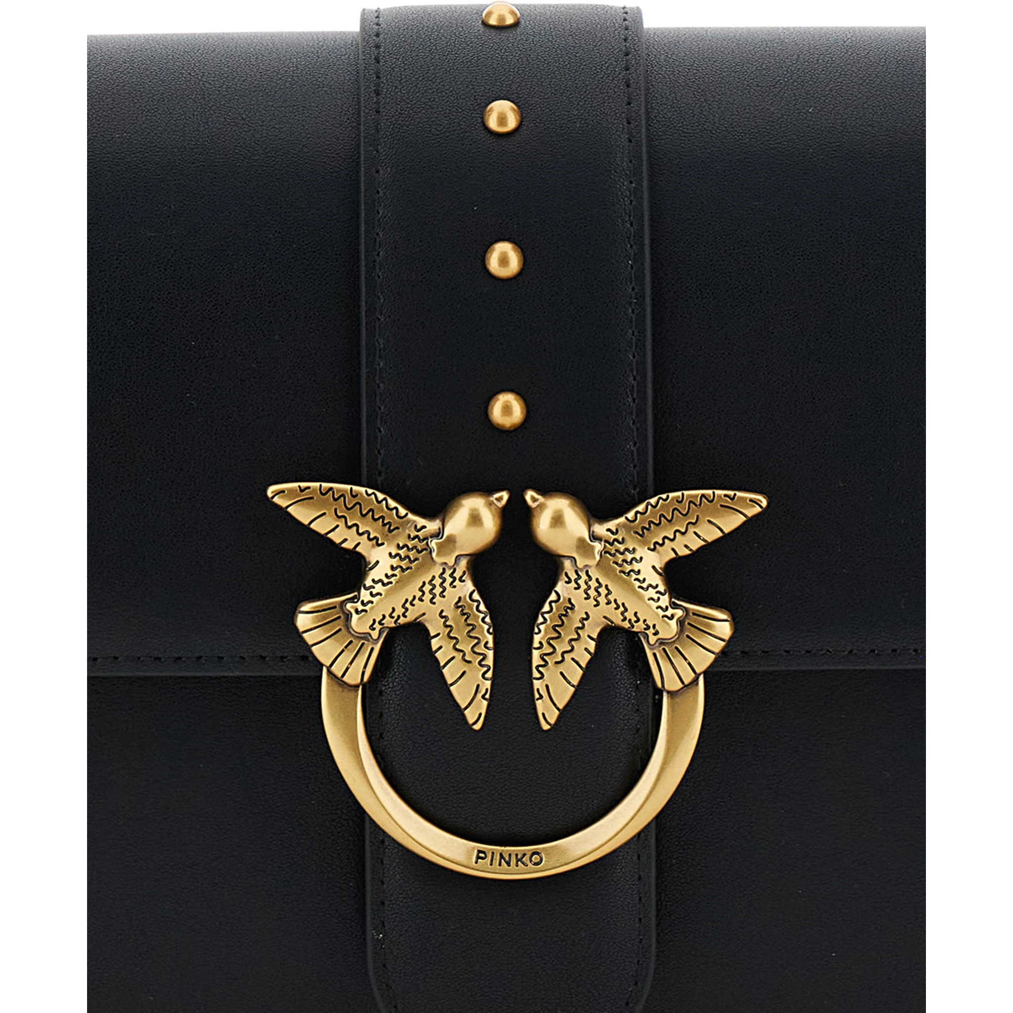 Love One Classic Black Crossbody Bag with Studded Strap and Love Birds Diamond Cut Plaque on the Front in Leather Woman