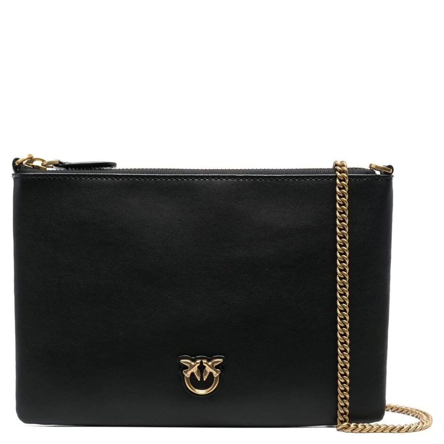 Flat Love Bag Black Shoulder Bag with Logo Patch in Smooth Leather Woman Pinko