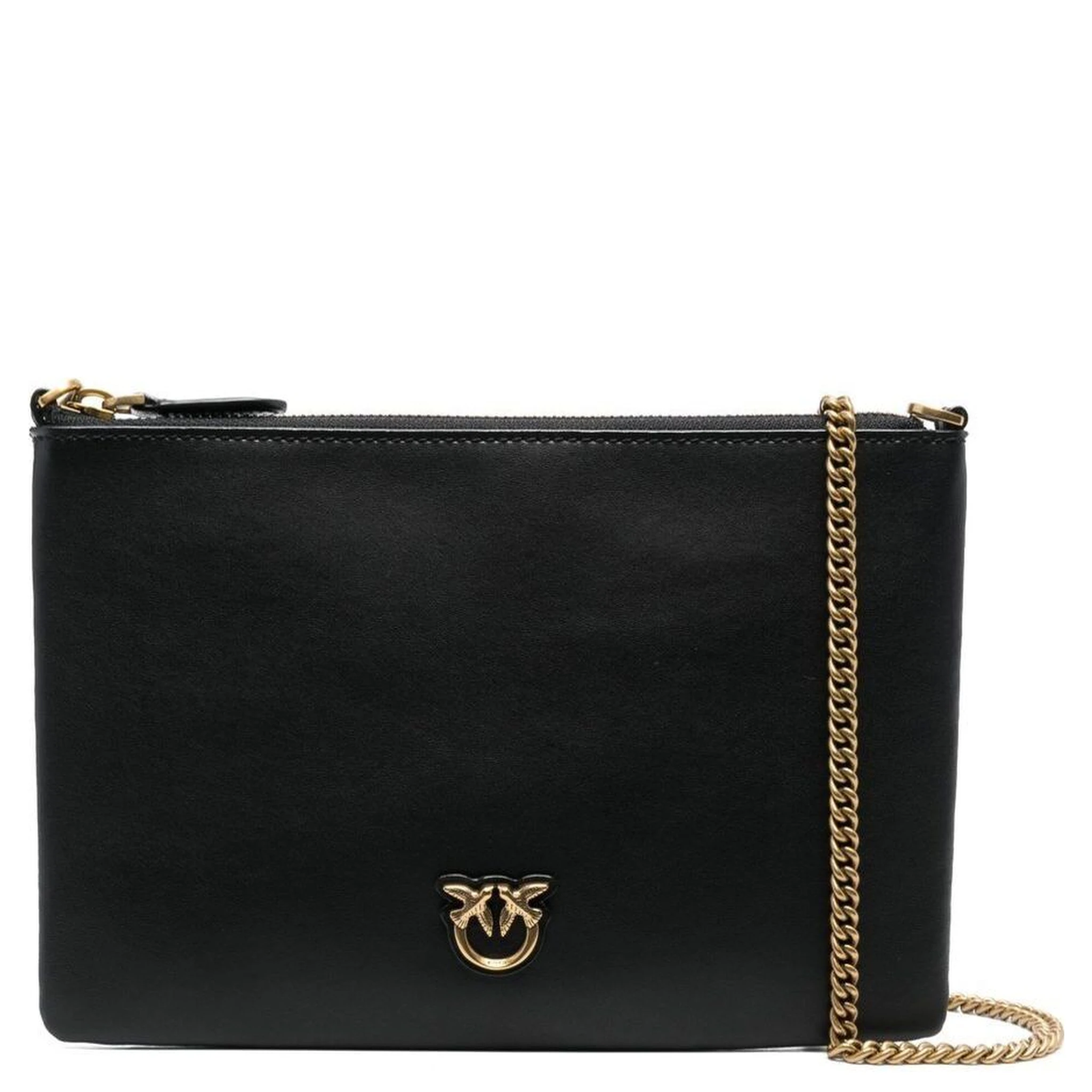 Flat Love Bag Black Shoulder Bag with Logo Patch in Smooth Leather Woman Pinko