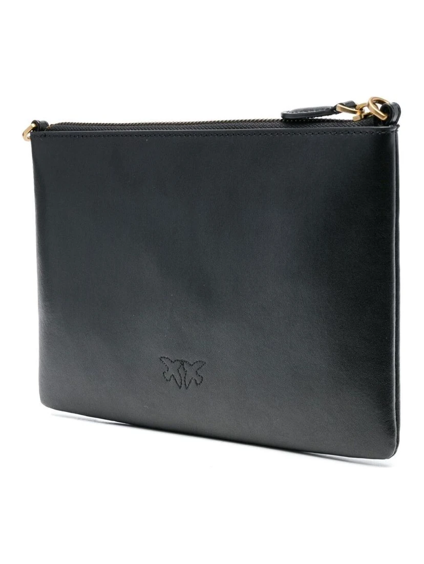 Flat Love Bag Black Shoulder Bag with Logo Patch in Smooth Leather Woman Pinko