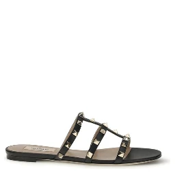 Black Calf Leather Bos Taurus Flat Sandals