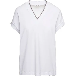 White V-Neck T-Shirt with  Monile Detail in Stretch Cotton Woman Brunello Cucinelli