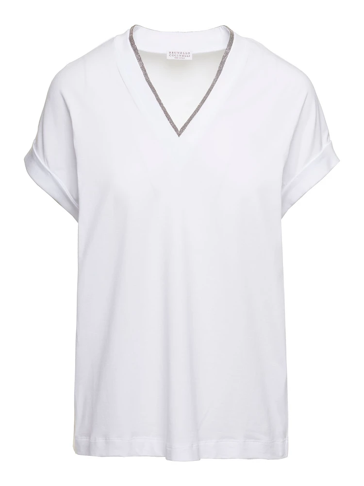 White V-Neck T-Shirt with  Monile Detail in Stretch Cotton Woman Brunello Cucinelli