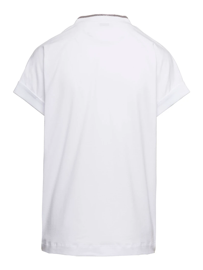 White V-Neck T-Shirt with  Monile Detail in Stretch Cotton Woman Brunello Cucinelli