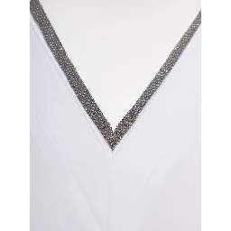 White V-Neck T-Shirt with  Monile Detail in Stretch Cotton Woman Brunello Cucinelli