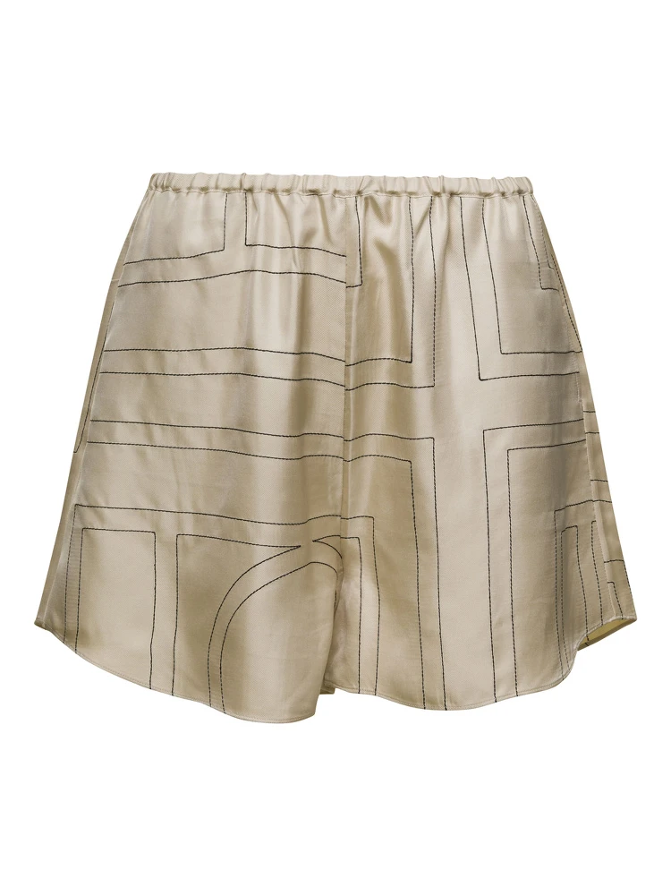 Beige Shorts with Geometric Logo Print in Silk Woman