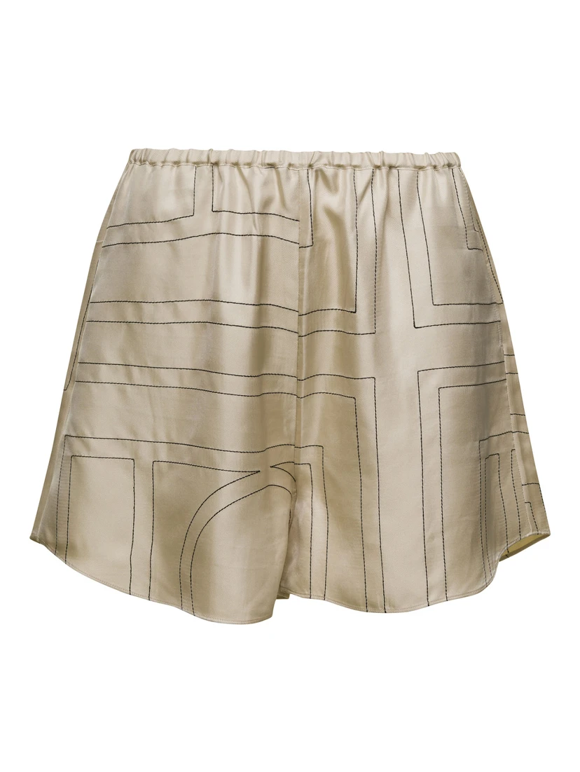 Beige Shorts with Geometric Logo Print in Silk Woman