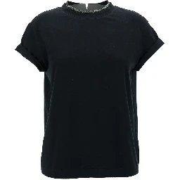 Black T-Shirt with  Monile Detail in Cotton Woman
