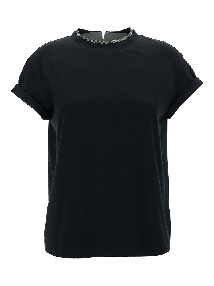 Black T-Shirt with  Monile Detail in Cotton Woman