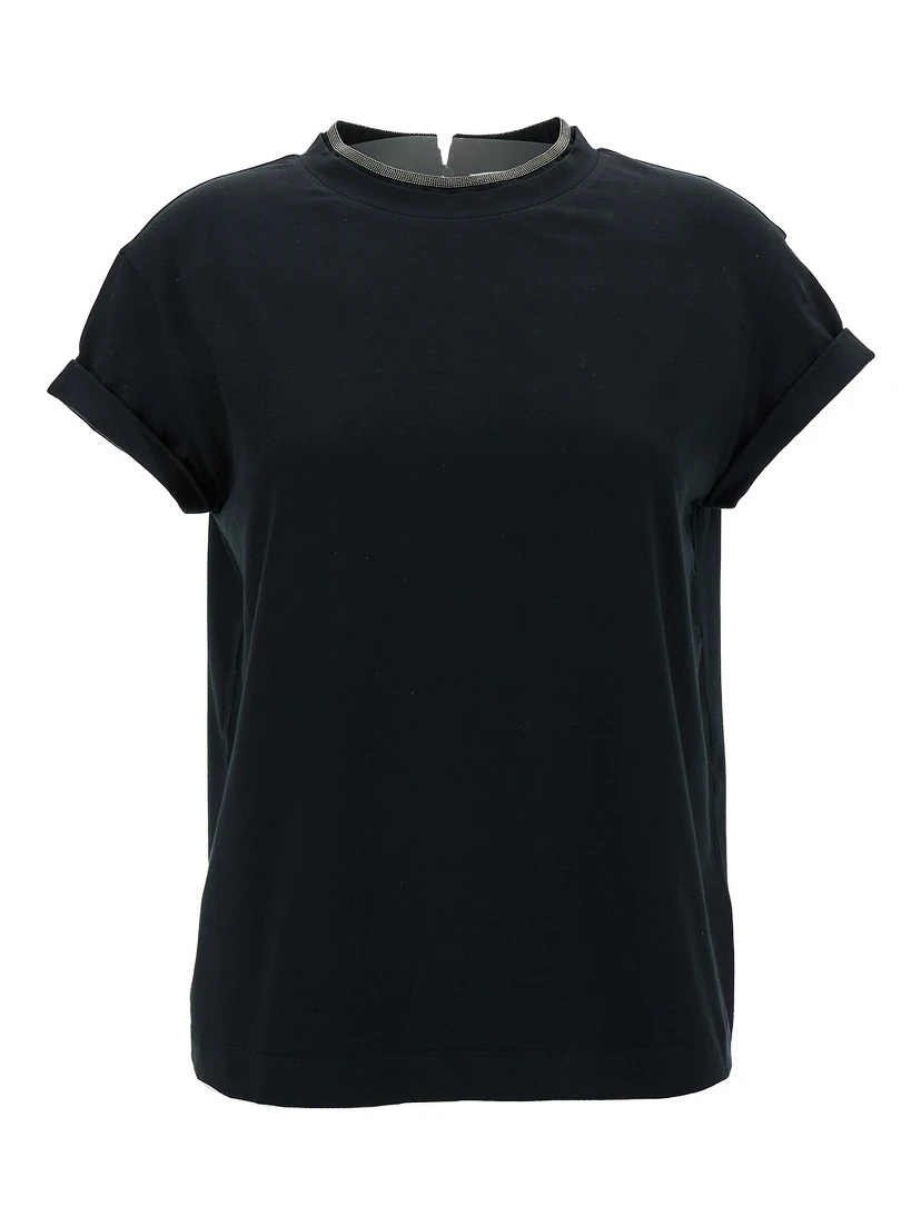 Black T-Shirt with  Monile Detail in Cotton Woman