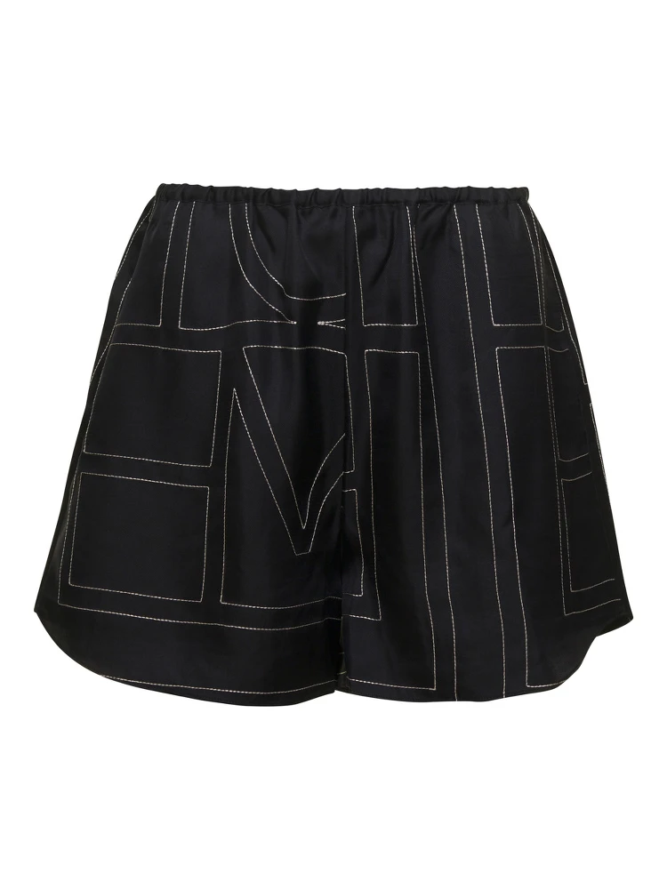 Black Shorts with Geometric Logo Print in Silk Woman