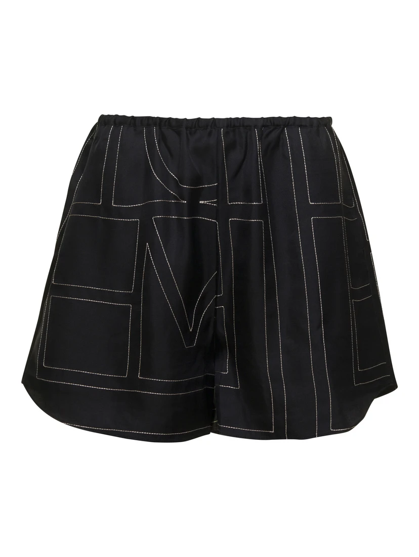 Black Shorts with Geometric Logo Print in Silk Woman