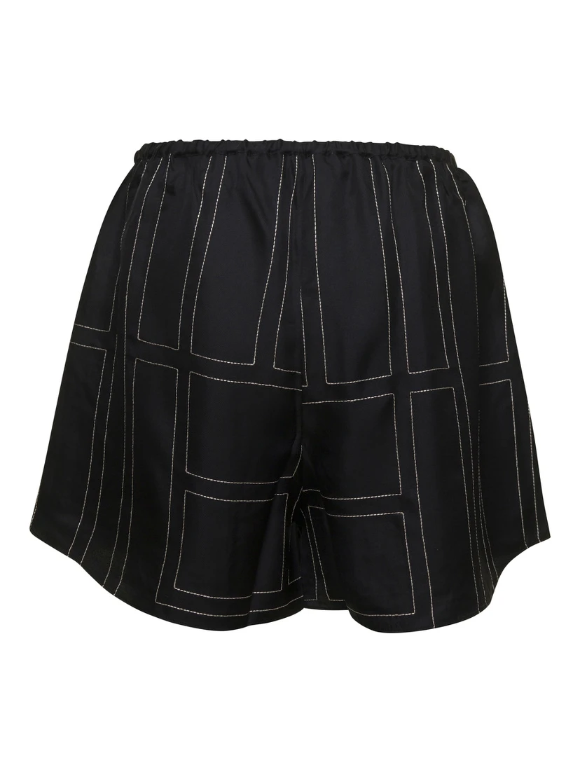 Black Shorts with Geometric Logo Print in Silk Woman