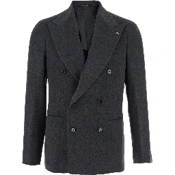 Grey Double-Breasted Jacket with Peak Revers in Wool and Cashmere Man
