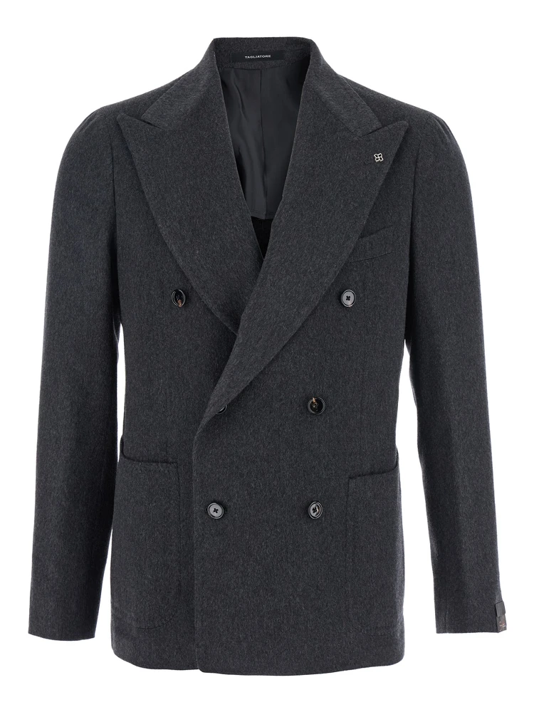 Grey Double-Breasted Jacket with Peak Revers in Wool and Cashmere Man