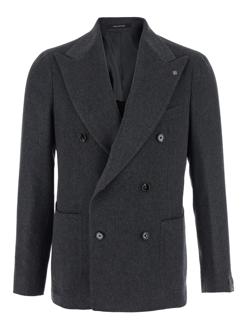 Grey Double-Breasted Jacket with Peak Revers in Wool and Cashmere Man