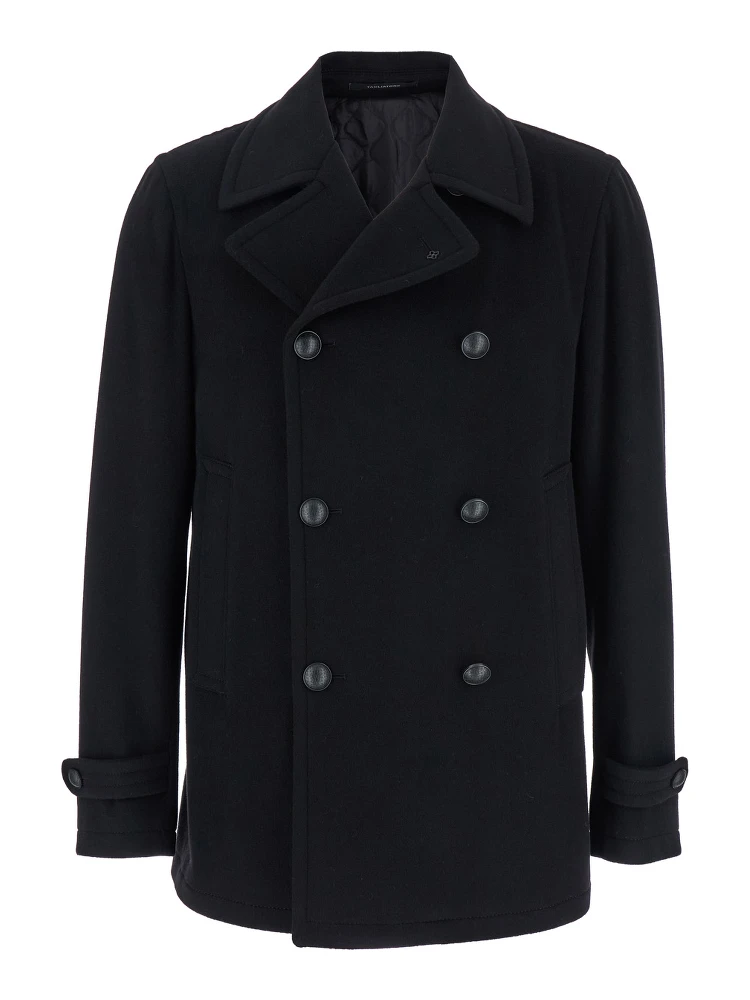 Black Double-Breasted Coat with Wide Notched Revers in Wool Blend Man