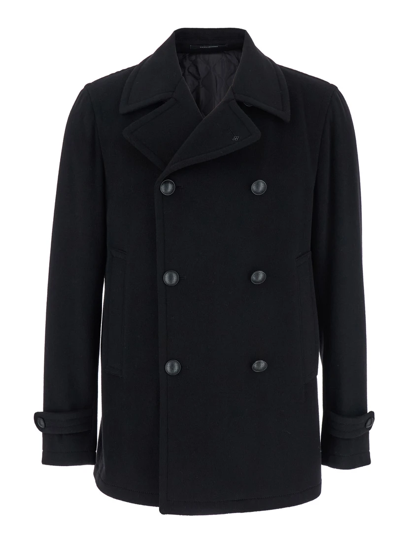 Black Double-Breasted Coat with Wide Notched Revers in Wool Blend Man