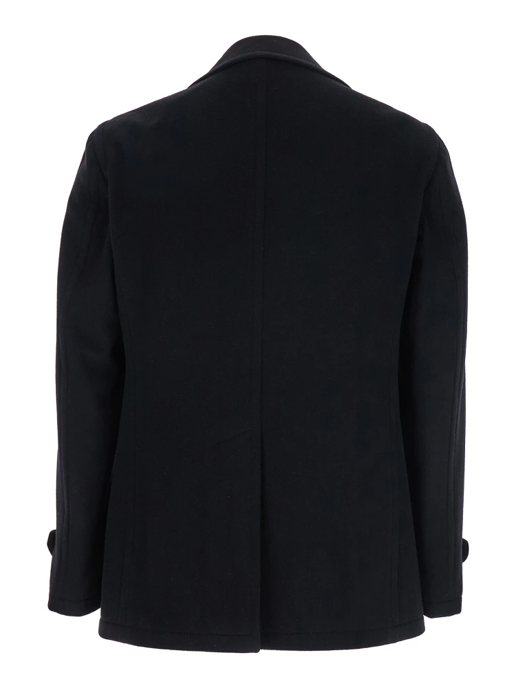 Black Double-Breasted Coat with Wide Notched Revers in Wool Blend Man alternative