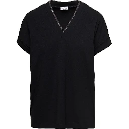 Black V-Neck T-Shirt with  Monile Detail in Stretch Cotton Woman Brunello Cucinelli