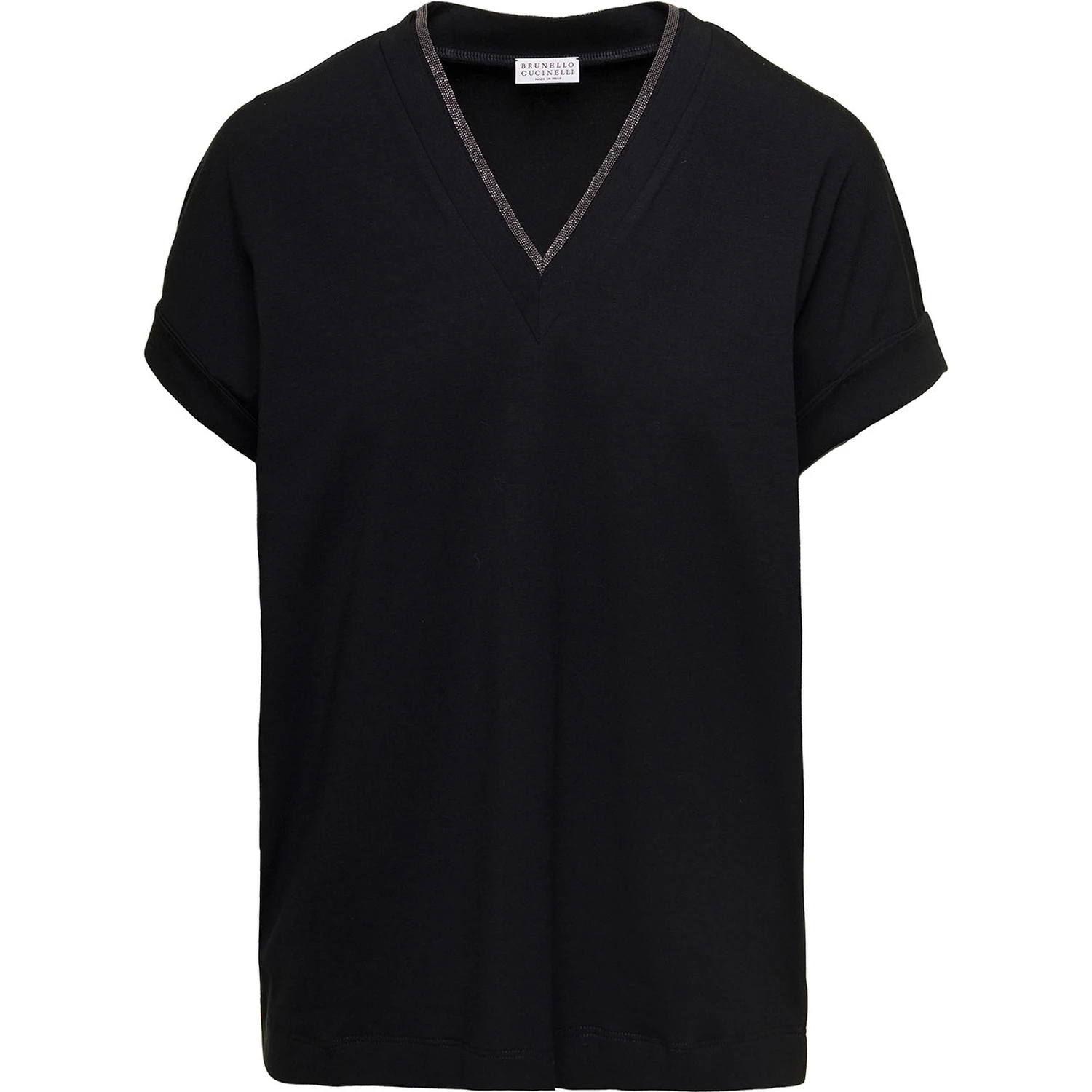 Black V-Neck T-Shirt with  Monile Detail in Stretch Cotton Woman Brunello Cucinelli