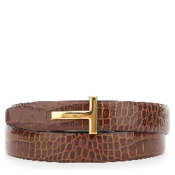 Brown Reversible Belt with T Buckle Closure and Embossed Crocodile Effect in Leather Man