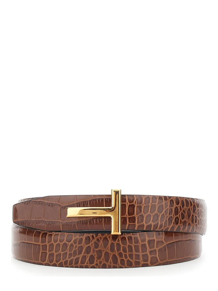 Brown Reversible Belt with T Buckle Closure and Embossed Crocodile Effect in Leather Man