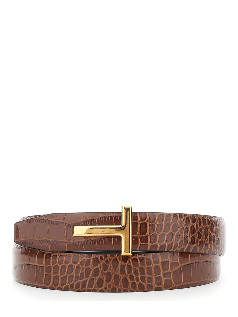 Brown Reversible Belt with T Buckle Closure and Embossed Crocodile Effect in Leather Man