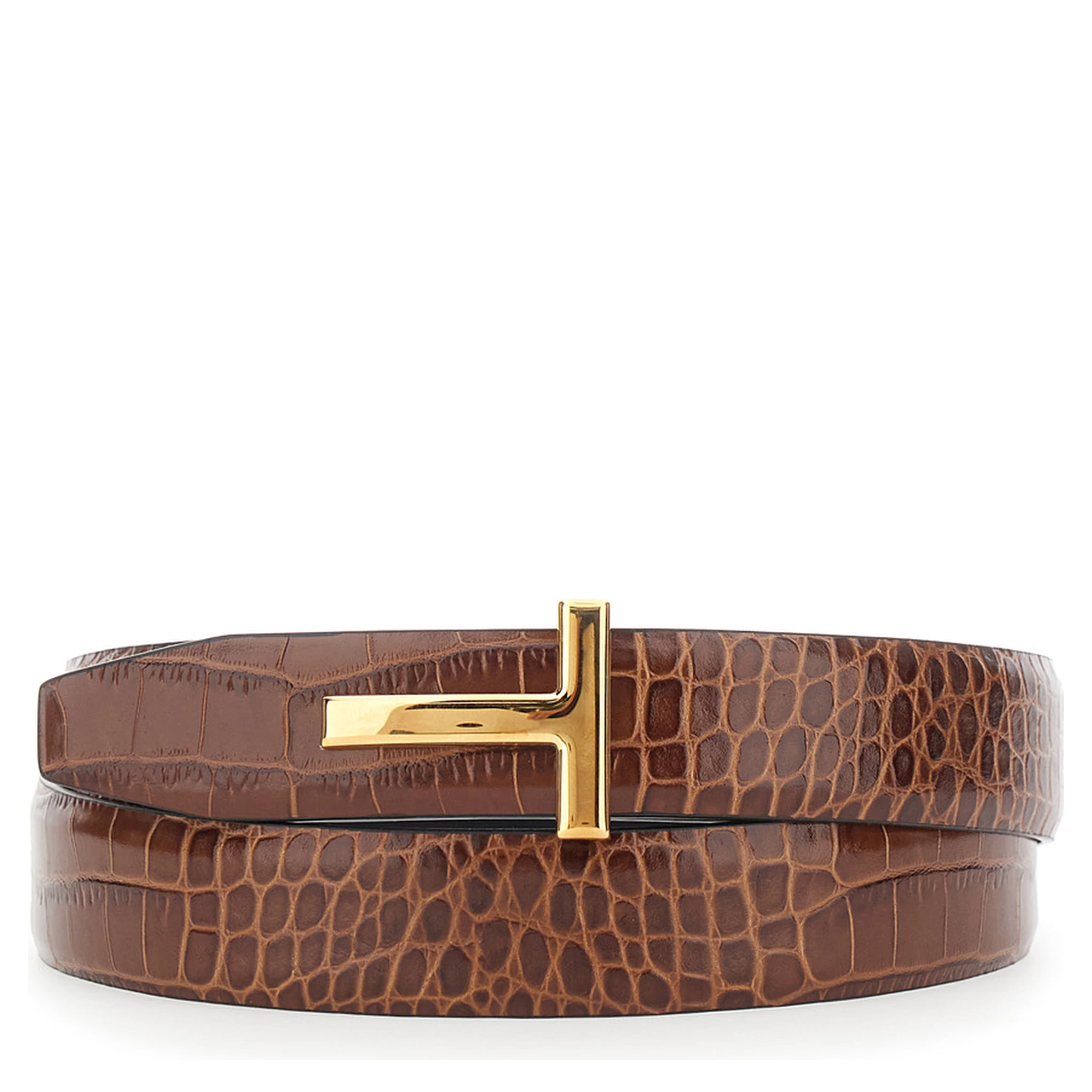 Brown Reversible Belt with T Buckle Closure and Embossed Crocodile Effect in Leather Man