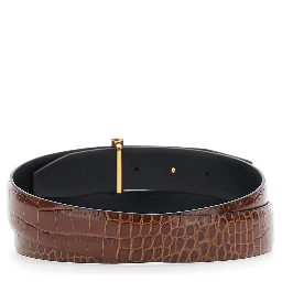 Brown Reversible Belt with T Buckle Closure and Embossed Crocodile Effect in Leather Man
