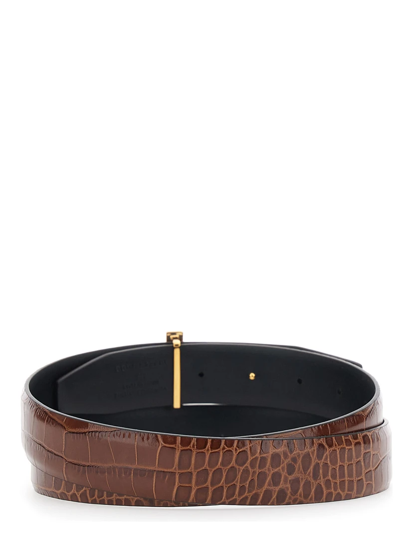 Brown Reversible Belt with T Buckle Closure and Embossed Crocodile Effect in Leather Man