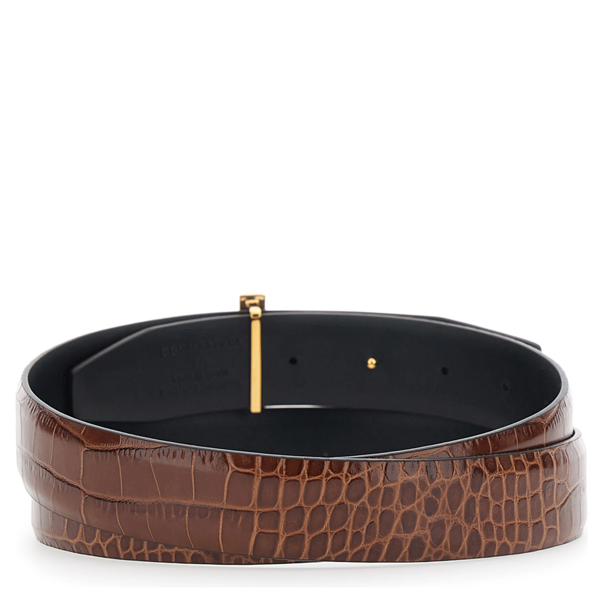 Brown Reversible Belt with T Buckle Closure and Embossed Crocodile Effect in Leather Man