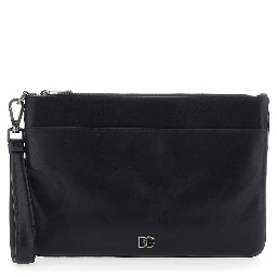 Black Clutch with Wrist Strap and Logo Plaque on the Front in Leather Man