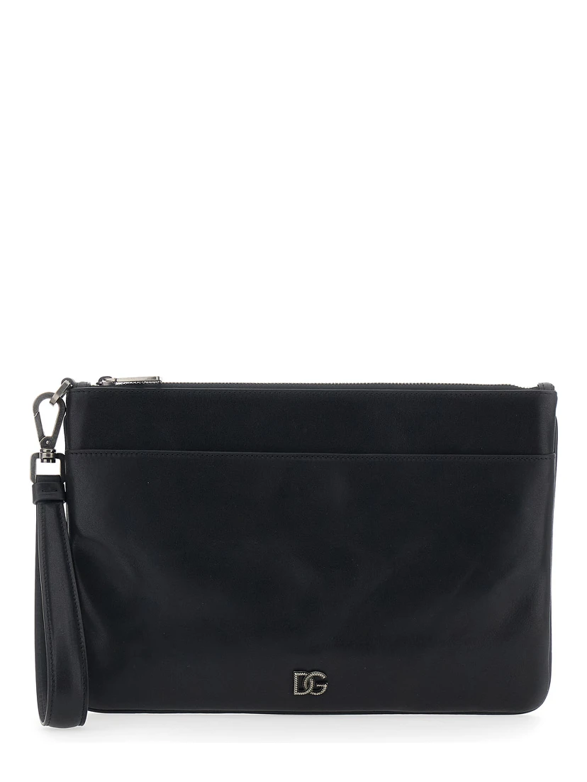 Black Clutch with Wrist Strap and Logo Plaque on the Front in Leather Man