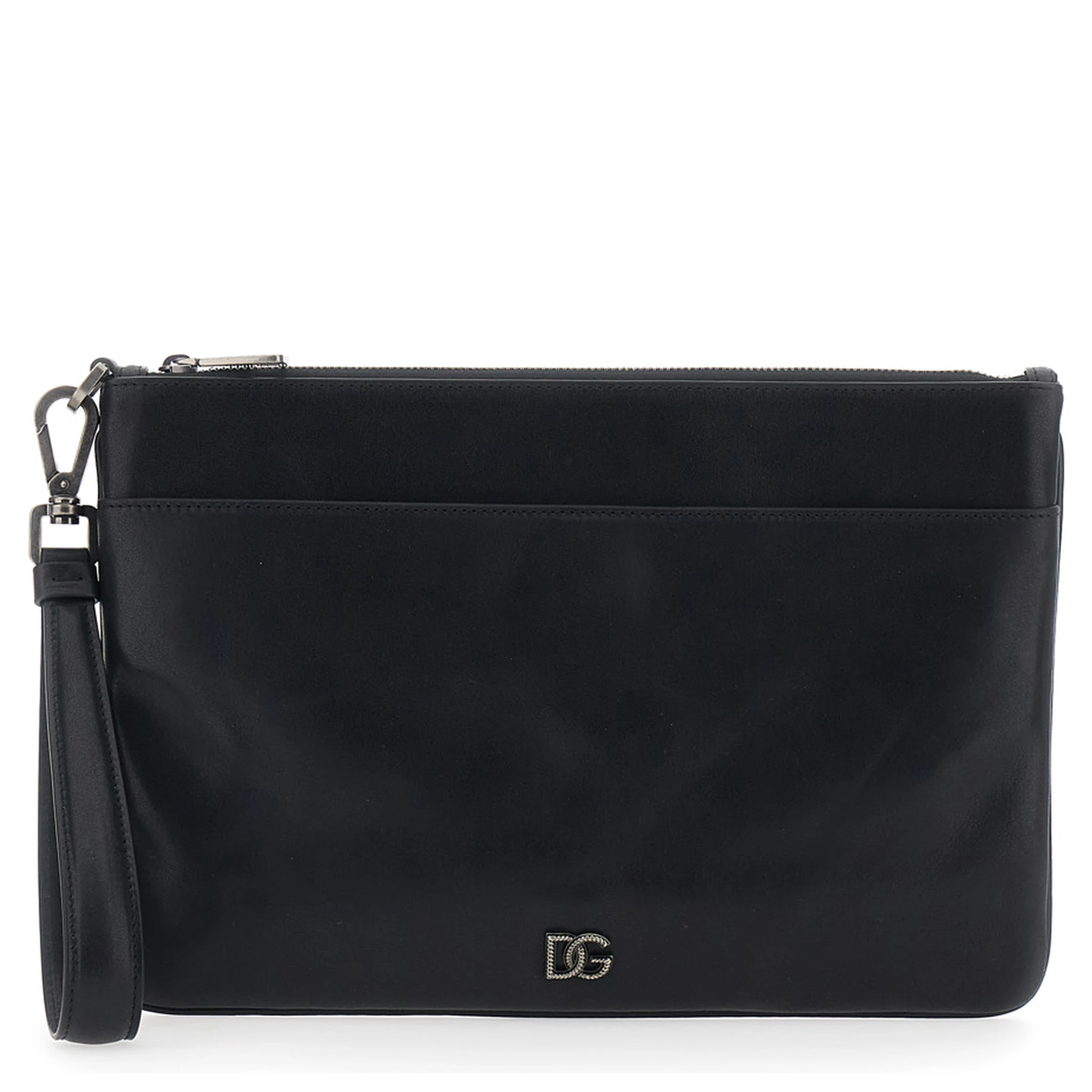 Black Clutch with Wrist Strap and Logo Plaque on the Front in Leather Man