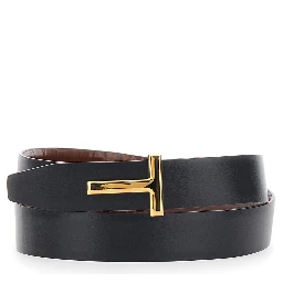 Brown Reversible Belt with T Buckle Closure and Embossed Crocodile Effect in Leather Man